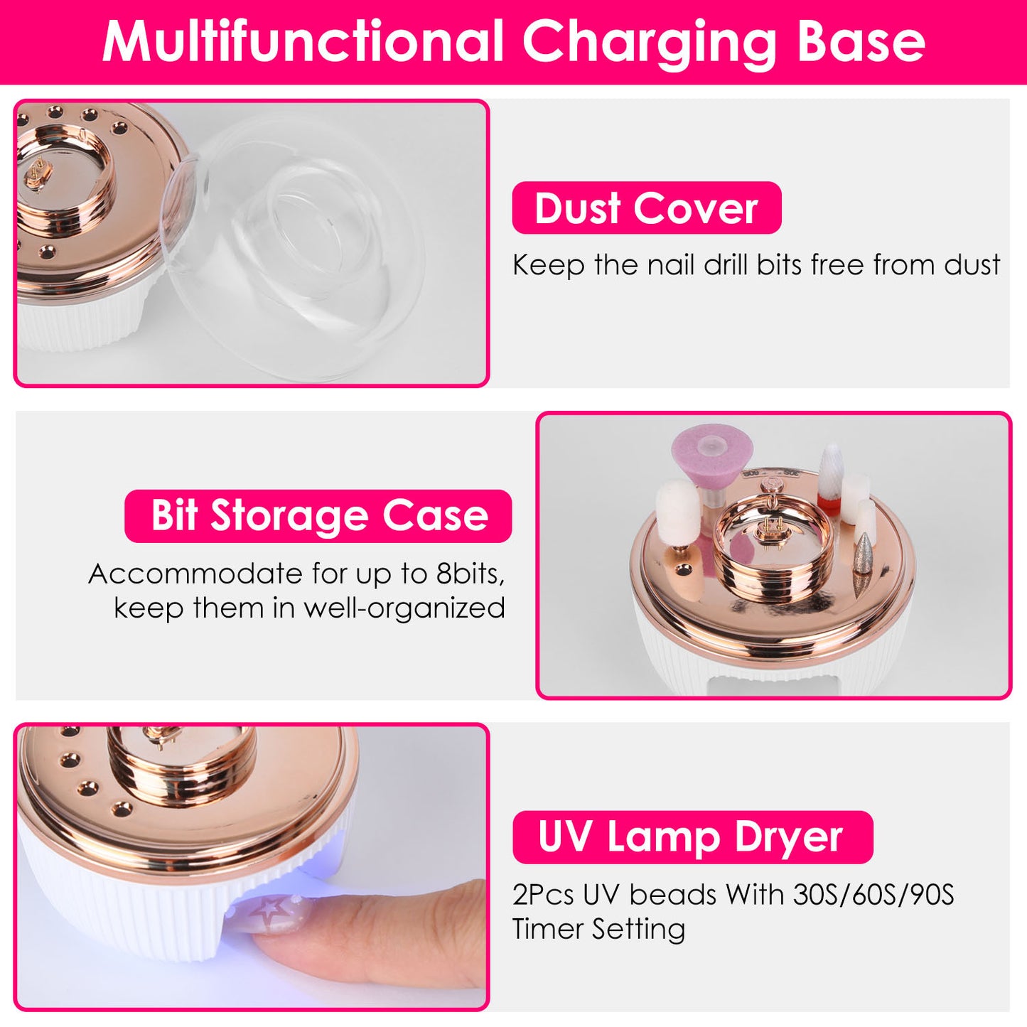Portable Cordless Electric Nail Drill Kit with Charging Base & UV Nail Dryer – 6 Drill Bits, 5 Speeds, Timer & Direction Control for Acrylic & Gel Nails