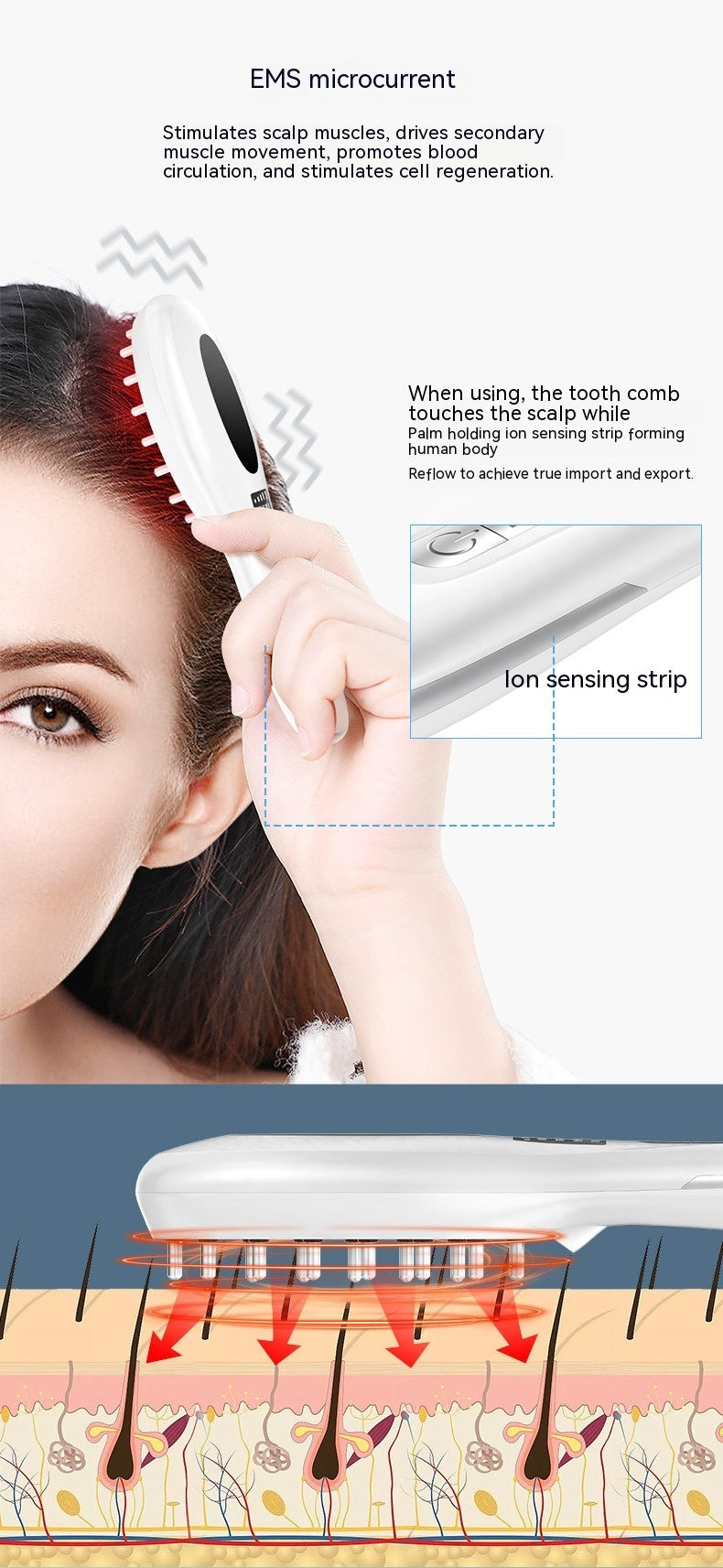 Electric Anion Hair Brush with Microcurrent, Red & Blue Light Therapy, and Vibration Massage