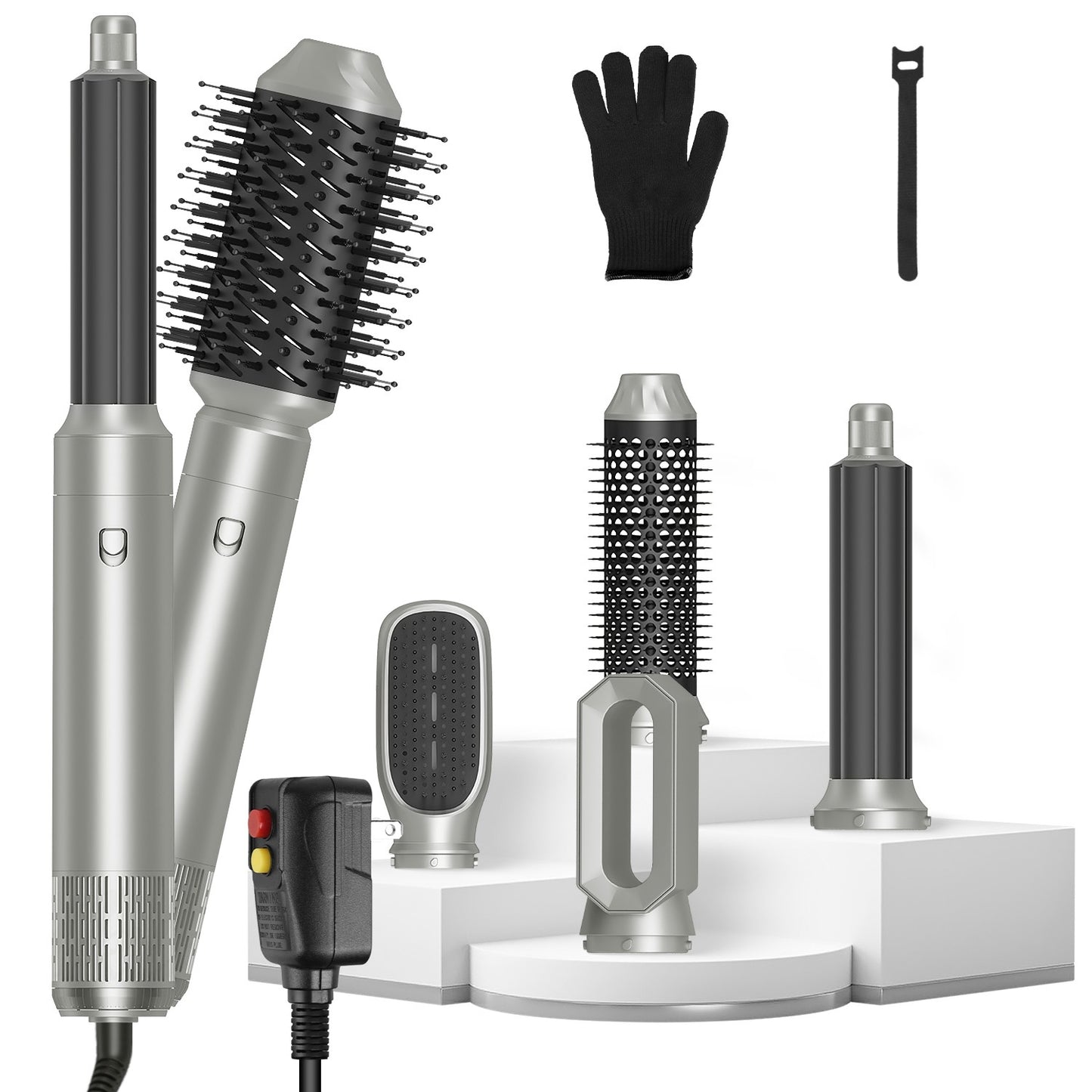 6-in-1 Hot Air Styler & Volumizer Brush Set – Automatic Hair Dryer, Straightener, Curler with 3 Temperature Settings + ALCI Plug, Glove, Cable & Zip Tie