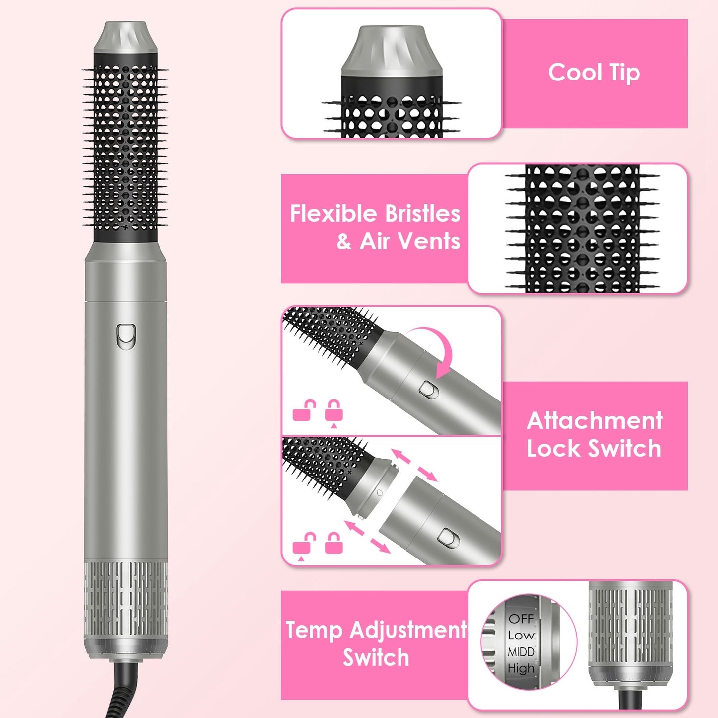 6-in-1 Hot Air Styler & Volumizer Brush Set – Automatic Hair Dryer, Straightener, Curler with 3 Temperature Settings + ALCI Plug, Glove, Cable & Zip Tie