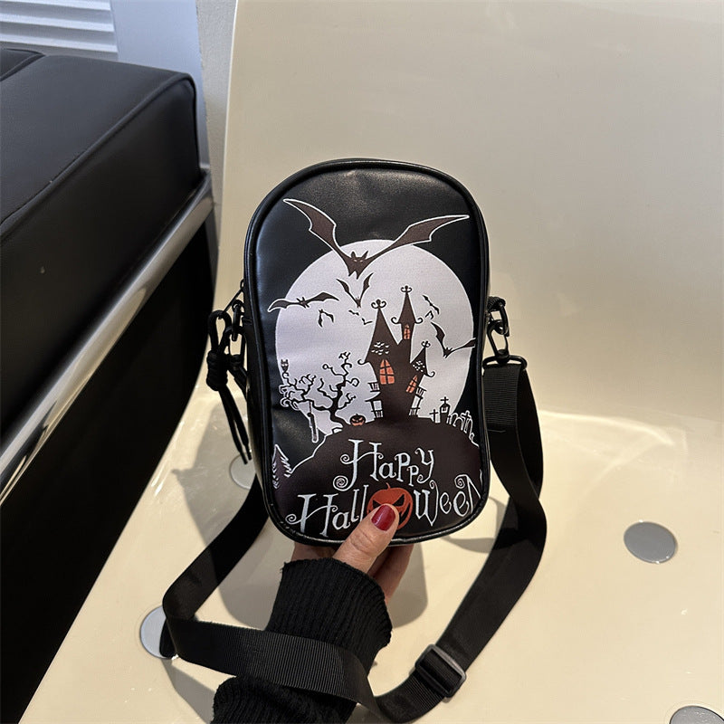 Halloween Cartoon Graffiti Crossbody Bag – Funny Pumpkin Ghost Bat Print Phone Purse for Girls & Women