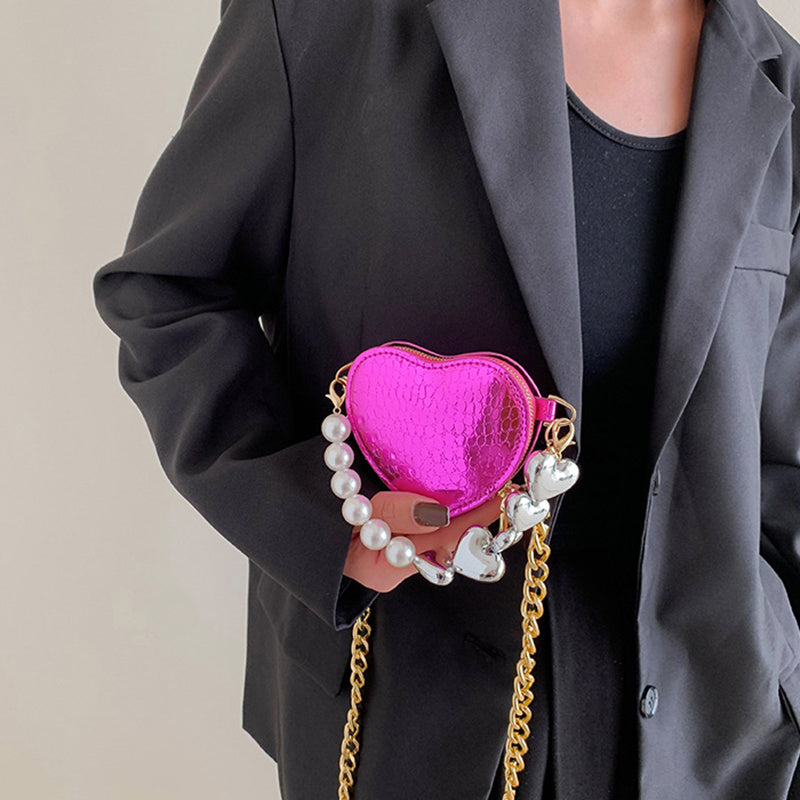 Mini Heart-Shaped Pearl Handbag – Cute Chain Shoulder Bag in Bright Candy Colors for Women