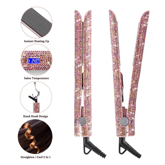 Professional Glitter Hair Straightener - Titanium Plate Flat Iron with Diamond Crystal Design for Sleek, Shiny Hair Styling