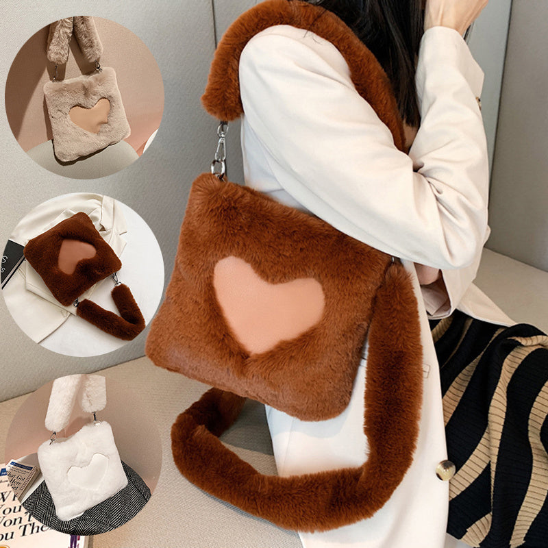 Winter Plush Shoulder Bag for Women – Soft Faux Fur Handbag with Heart Design | Cozy & Stylish Love Handbag