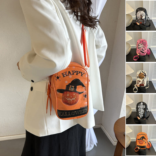 Halloween Cartoon Graffiti Crossbody Bag – Funny Pumpkin Ghost Bat Print Phone Purse for Girls & Women