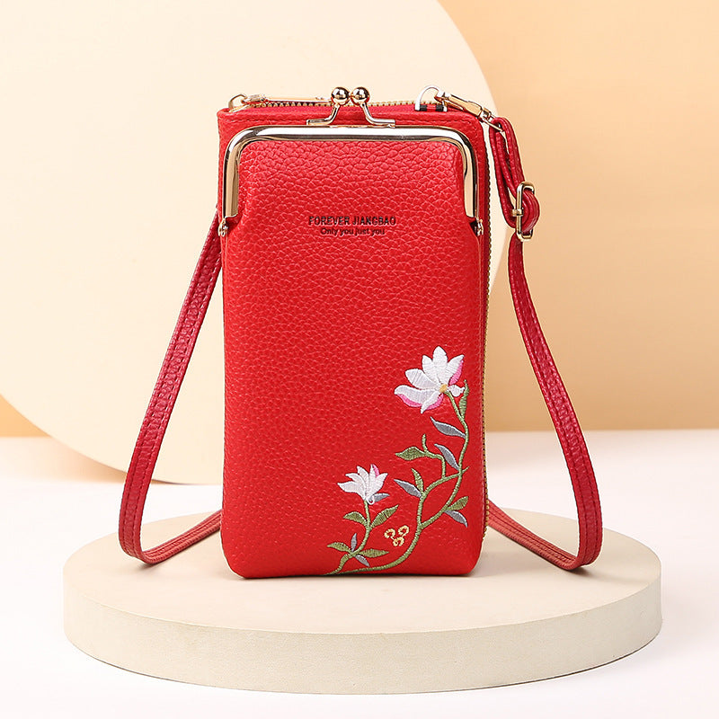 Women's Embroidered Phone Bag – Floral Long Wallet with Lock Buckle, Crossbody & Shoulder Style