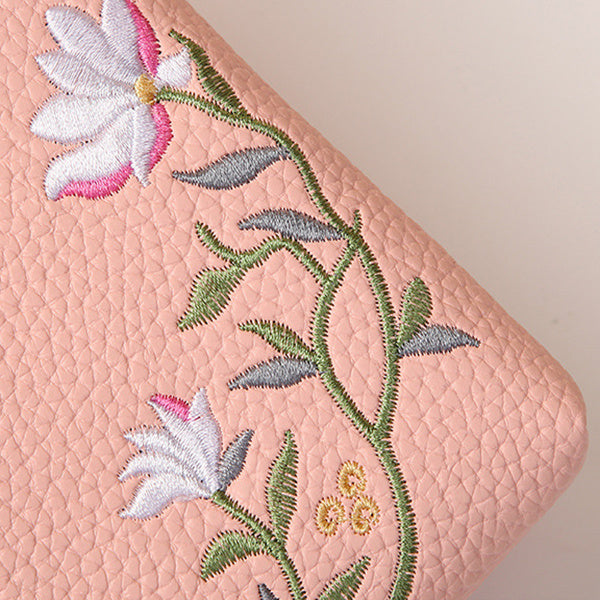 Women's Embroidered Phone Bag – Floral Long Wallet with Lock Buckle, Crossbody & Shoulder Style