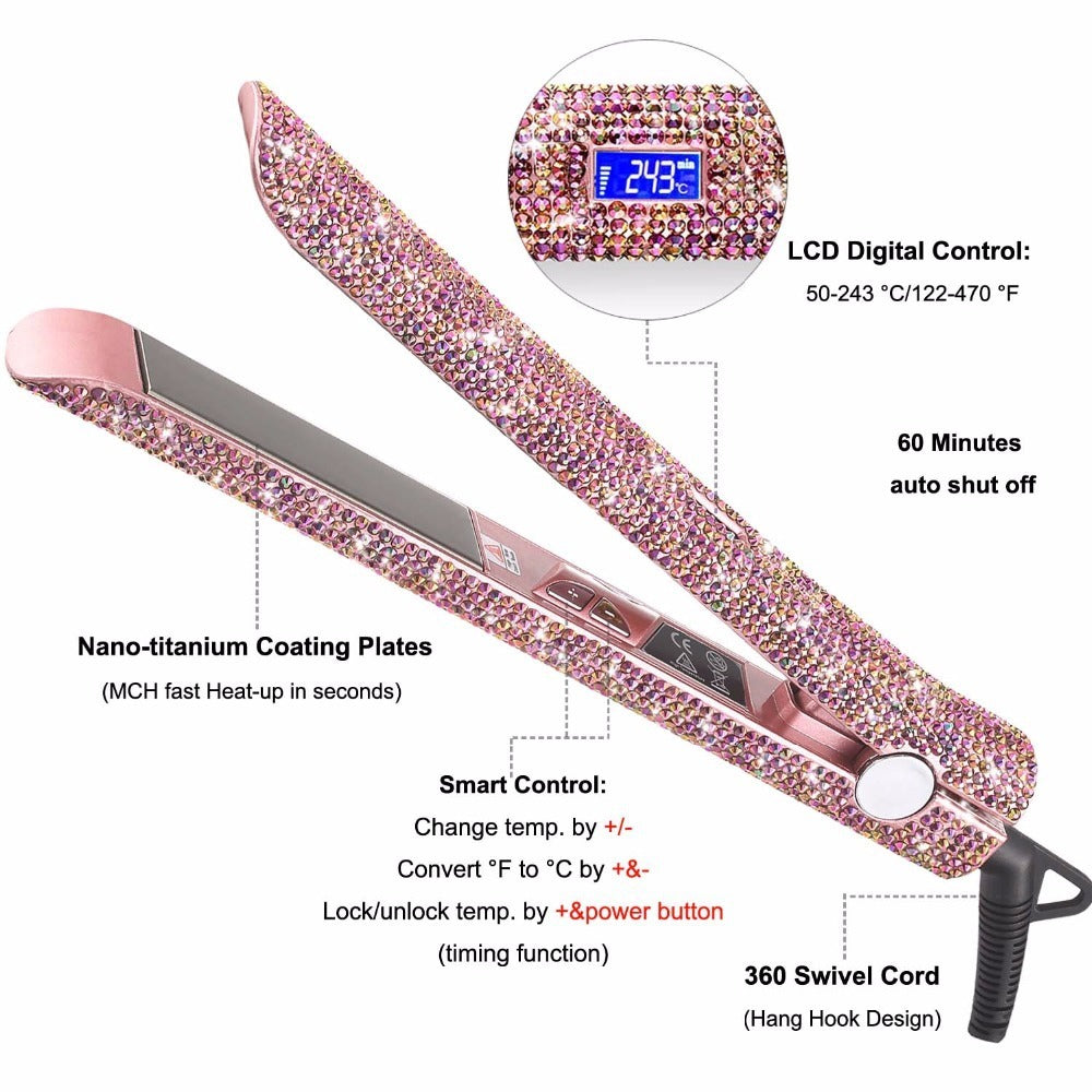 Professional Glitter Hair Straightener - Titanium Plate Flat Iron with Diamond Crystal Design for Sleek, Shiny Hair Styling