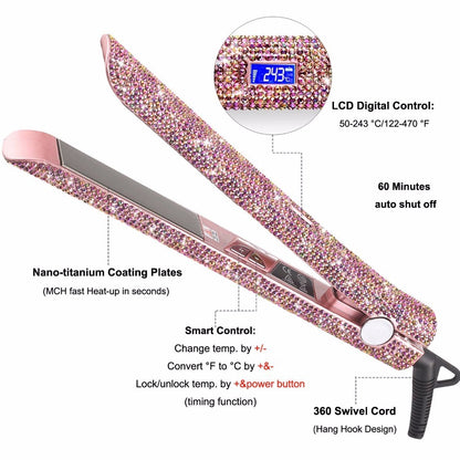 Professional Glitter Hair Straightener - Titanium Plate Flat Iron with Diamond Crystal Design for Sleek, Shiny Hair Styling