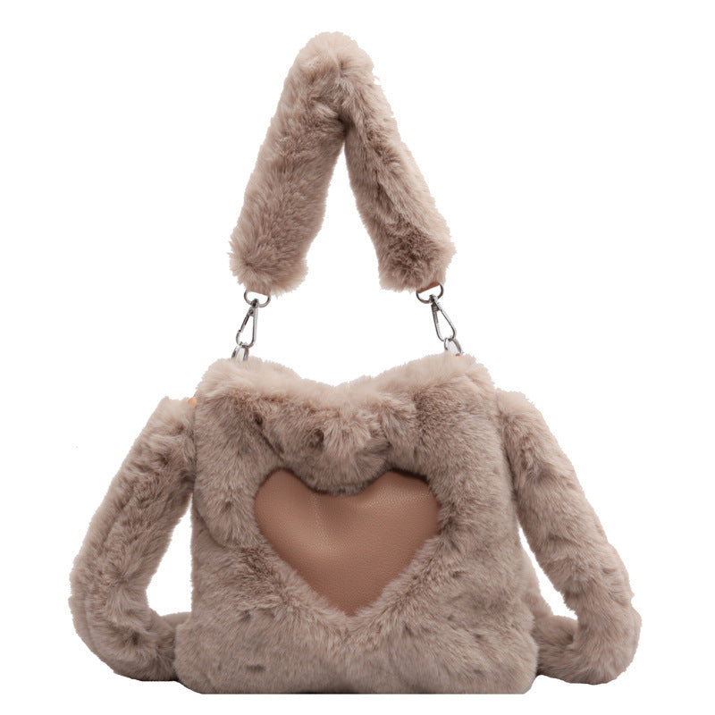 Winter Plush Shoulder Bag for Women – Soft Faux Fur Handbag with Heart Design | Cozy & Stylish Love Handbag