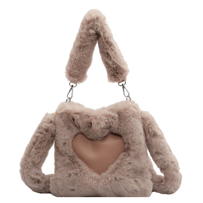 Winter Plush Shoulder Bag for Women – Soft Faux Fur Handbag with Heart Design | Cozy & Stylish Love Handbag