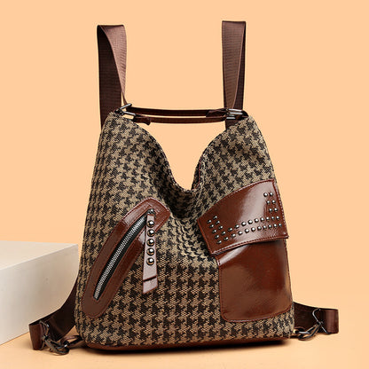 Houndstooth Backpack for Women – Fashion Rivet Design with Leopard Print Accents | Trendy Shoulder Bag