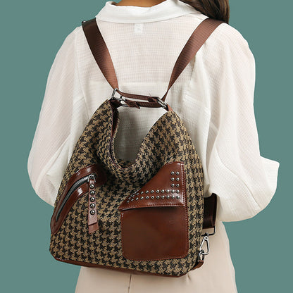 Houndstooth Backpack for Women – Fashion Rivet Design with Leopard Print Accents | Trendy Shoulder Bag