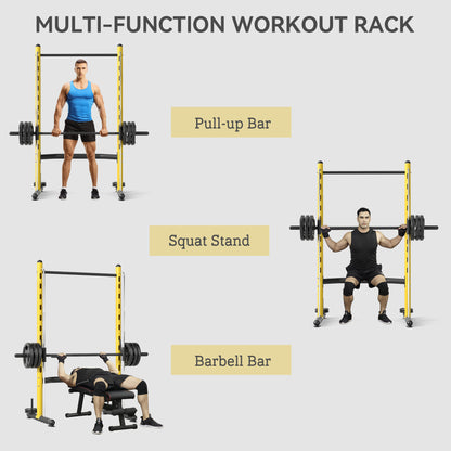 Adjustable Squat Rack with Pull-Up Bar & Bench – Multi-Function Weight Lifting Half Rack, Yellow