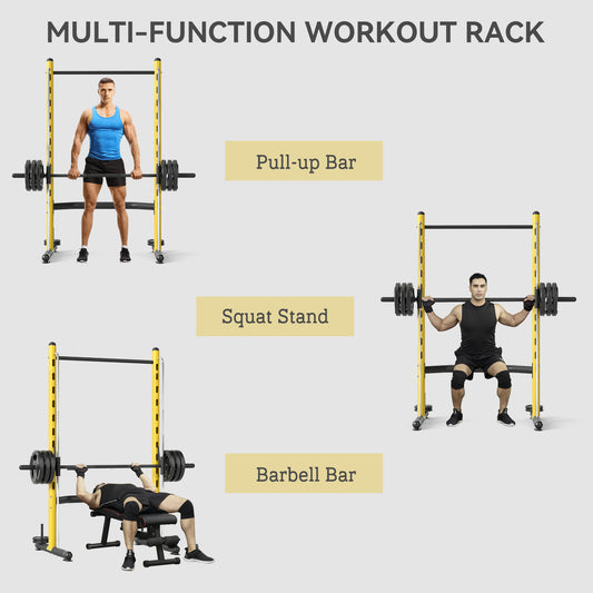 Adjustable Squat Rack with Pull-Up Bar & Bench – Multi-Function Weight Lifting Half Rack, Yellow