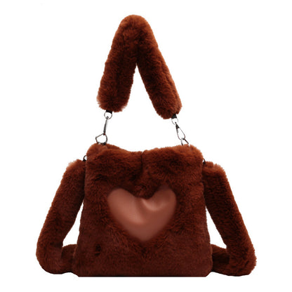 Winter Plush Shoulder Bag for Women – Soft Faux Fur Handbag with Heart Design | Cozy & Stylish Love Handbag