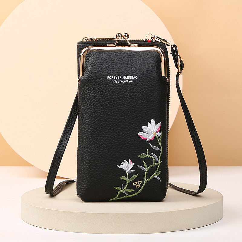 Women's Embroidered Phone Bag – Floral Long Wallet with Lock Buckle, Crossbody & Shoulder Style