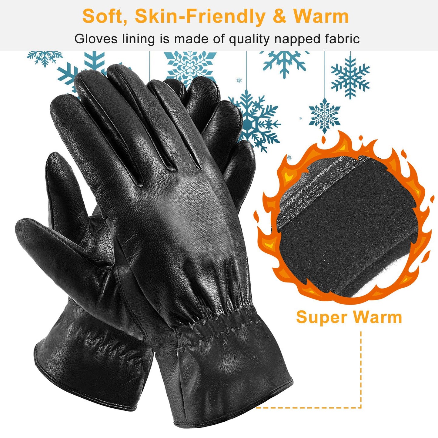 Unisex Black Leather Winter Gloves