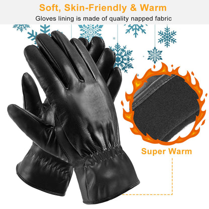 Unisex Black Leather Winter Gloves