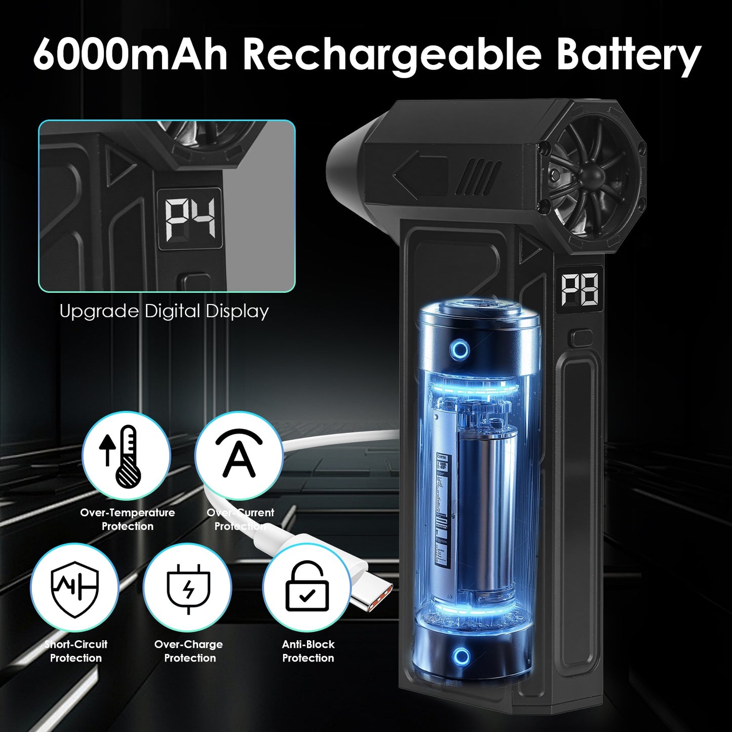 1-Pack LED Compressed Air Duster – High-Speed Cordless Vacuum Cleaner for Keyboard, PC, Home & Car, 160,000 RPM with 4 Adjustable Speeds