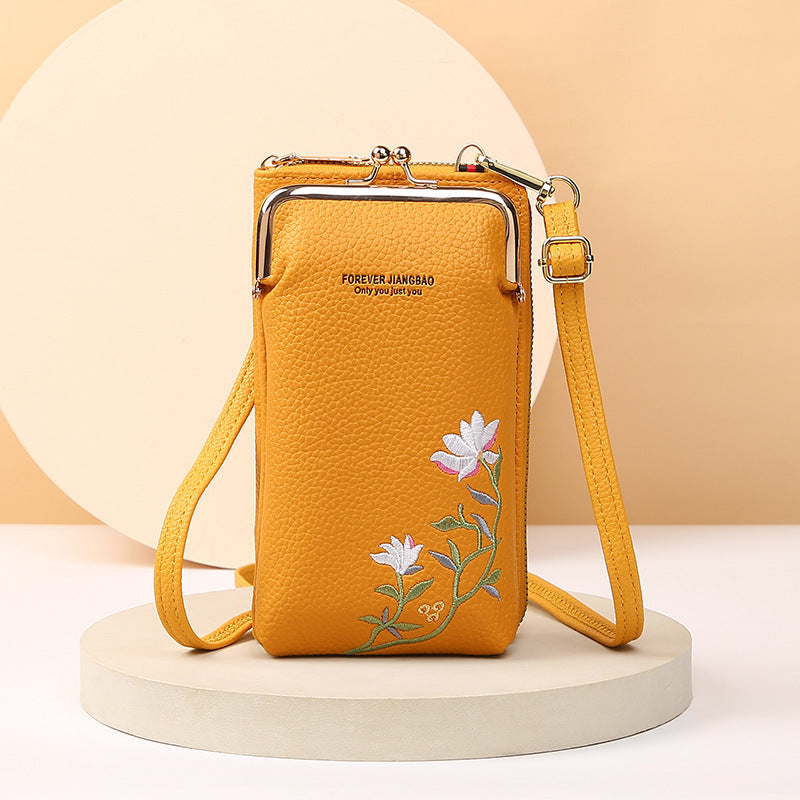 Women's Embroidered Phone Bag – Floral Long Wallet with Lock Buckle, Crossbody & Shoulder Style