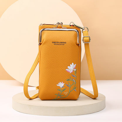 Women's Embroidered Phone Bag – Floral Long Wallet with Lock Buckle, Crossbody & Shoulder Style