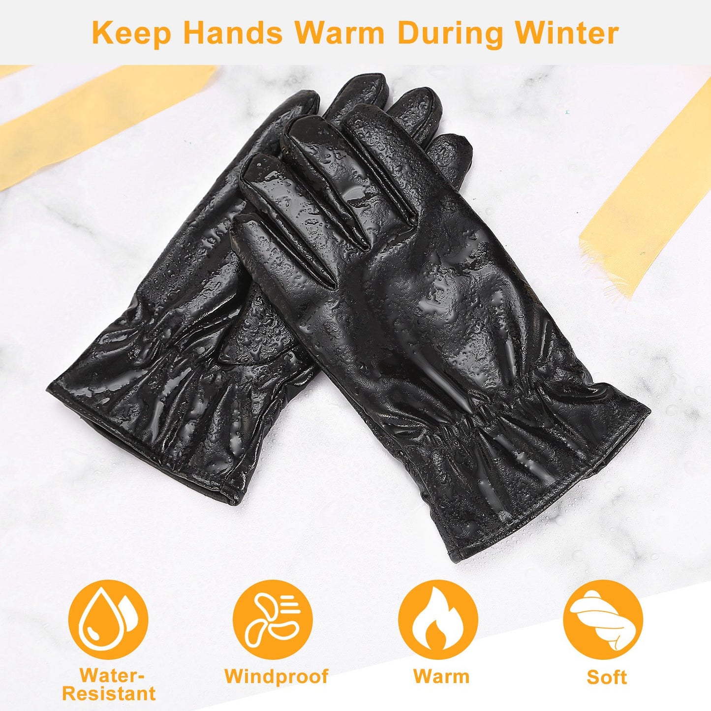 Unisex Black Leather Winter Gloves