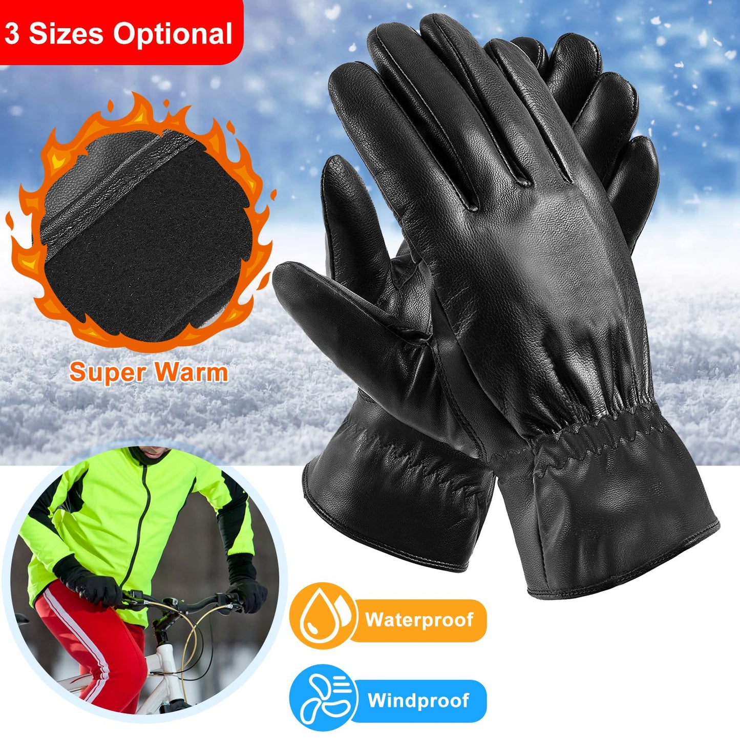 Unisex Black Leather Winter Gloves