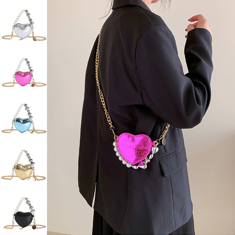 Mini Heart-Shaped Pearl Handbag – Cute Chain Shoulder Bag in Bright Candy Colors for Women