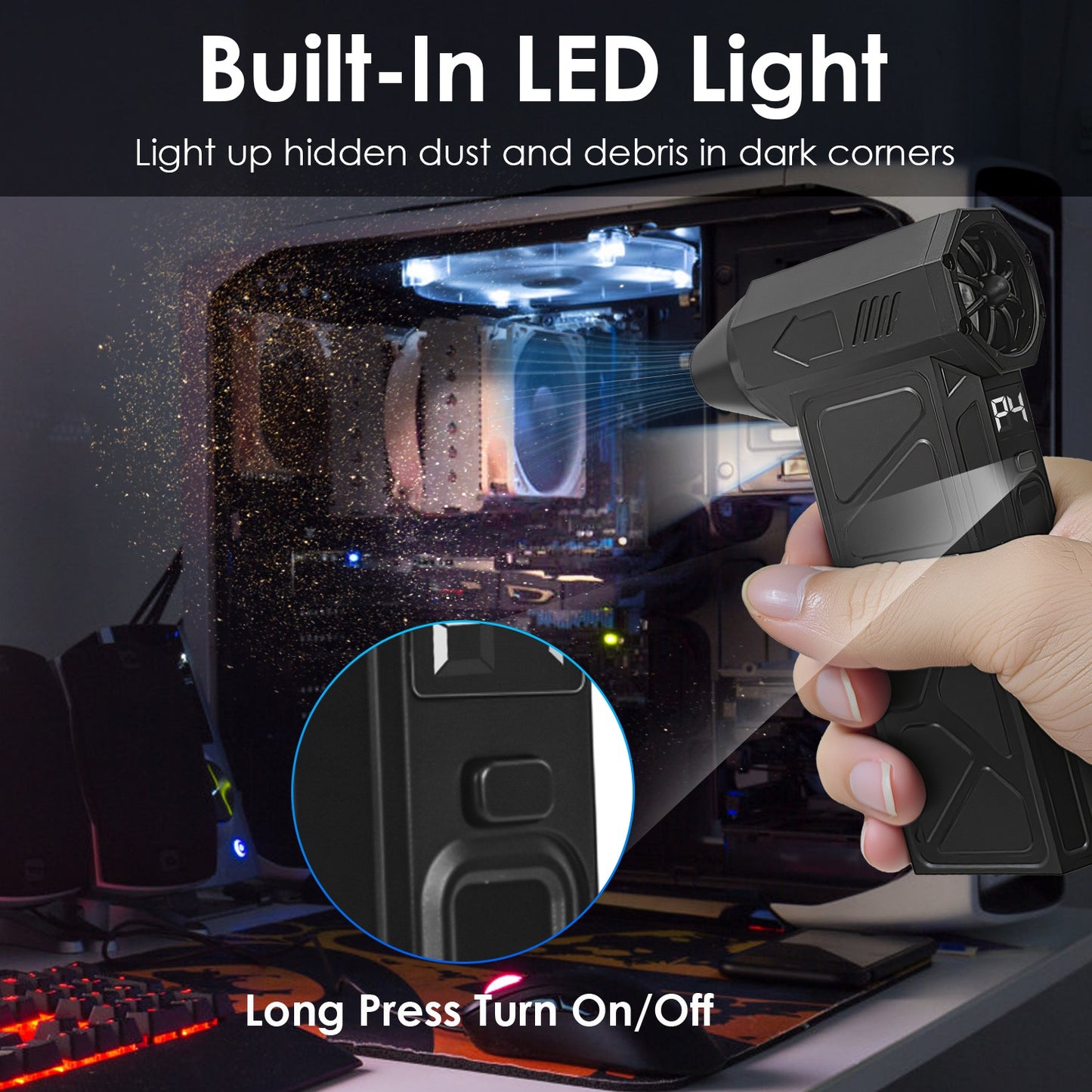 1-Pack LED Compressed Air Duster – High-Speed Cordless Vacuum Cleaner for Keyboard, PC, Home & Car, 160,000 RPM with 4 Adjustable Speeds