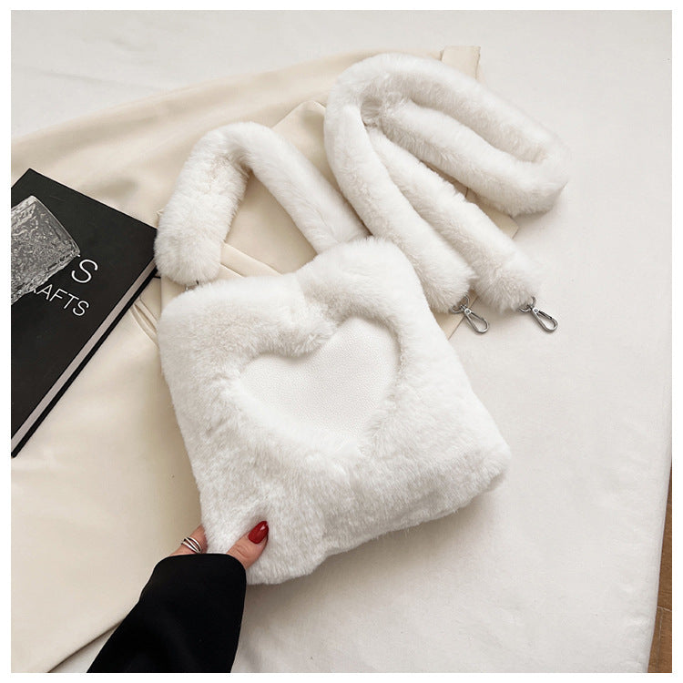 Winter Plush Shoulder Bag for Women – Soft Faux Fur Handbag with Heart Design | Cozy & Stylish Love Handbag