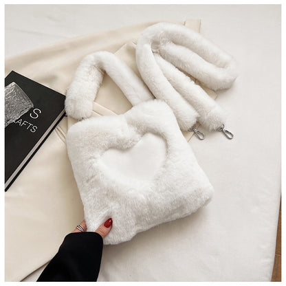 Winter Plush Shoulder Bag for Women – Soft Faux Fur Handbag with Heart Design | Cozy & Stylish Love Handbag