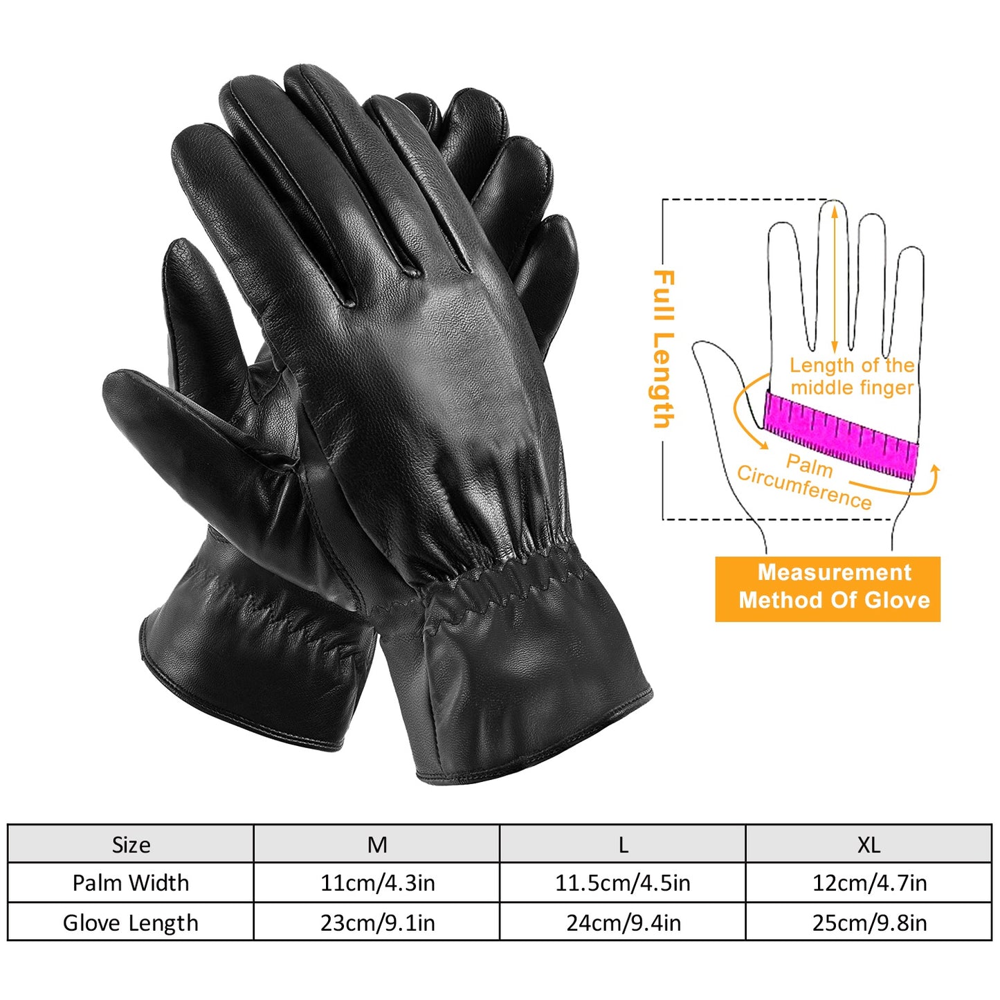 Unisex Black Leather Winter Gloves