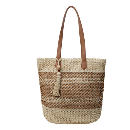 Summer Stripe Straw Shoulder Bag with Tassel – Large Capacity Beach & Vacation Tote