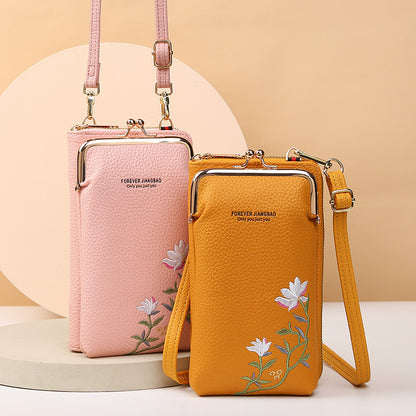 Women's Embroidered Phone Bag – Floral Long Wallet with Lock Buckle, Crossbody & Shoulder Style