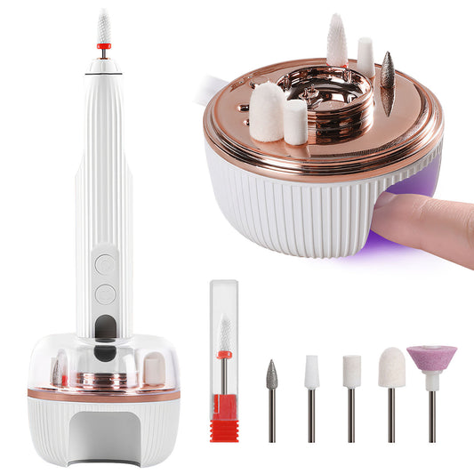 Portable Cordless Electric Nail Drill Kit with Charging Base & UV Nail Dryer – 6 Drill Bits, 5 Speeds, Timer & Direction Control for Acrylic & Gel Nails