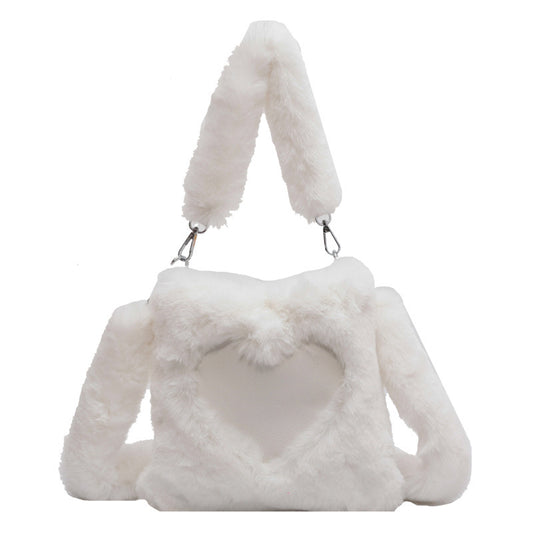 Winter Plush Shoulder Bag for Women – Soft Faux Fur Handbag with Heart Design | Cozy & Stylish Love Handbag