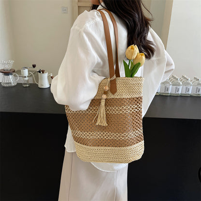 Summer Stripe Straw Shoulder Bag with Tassel – Large Capacity Beach & Vacation Tote