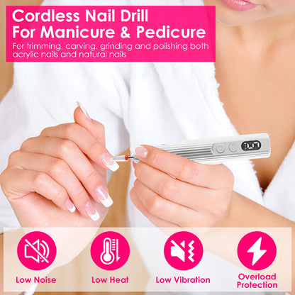 Portable Cordless Electric Nail Drill Kit with Charging Base & UV Nail Dryer – 6 Drill Bits, 5 Speeds, Timer & Direction Control for Acrylic & Gel Nails
