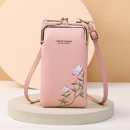 Women's Embroidered Phone Bag – Floral Long Wallet with Lock Buckle, Crossbody & Shoulder Style
