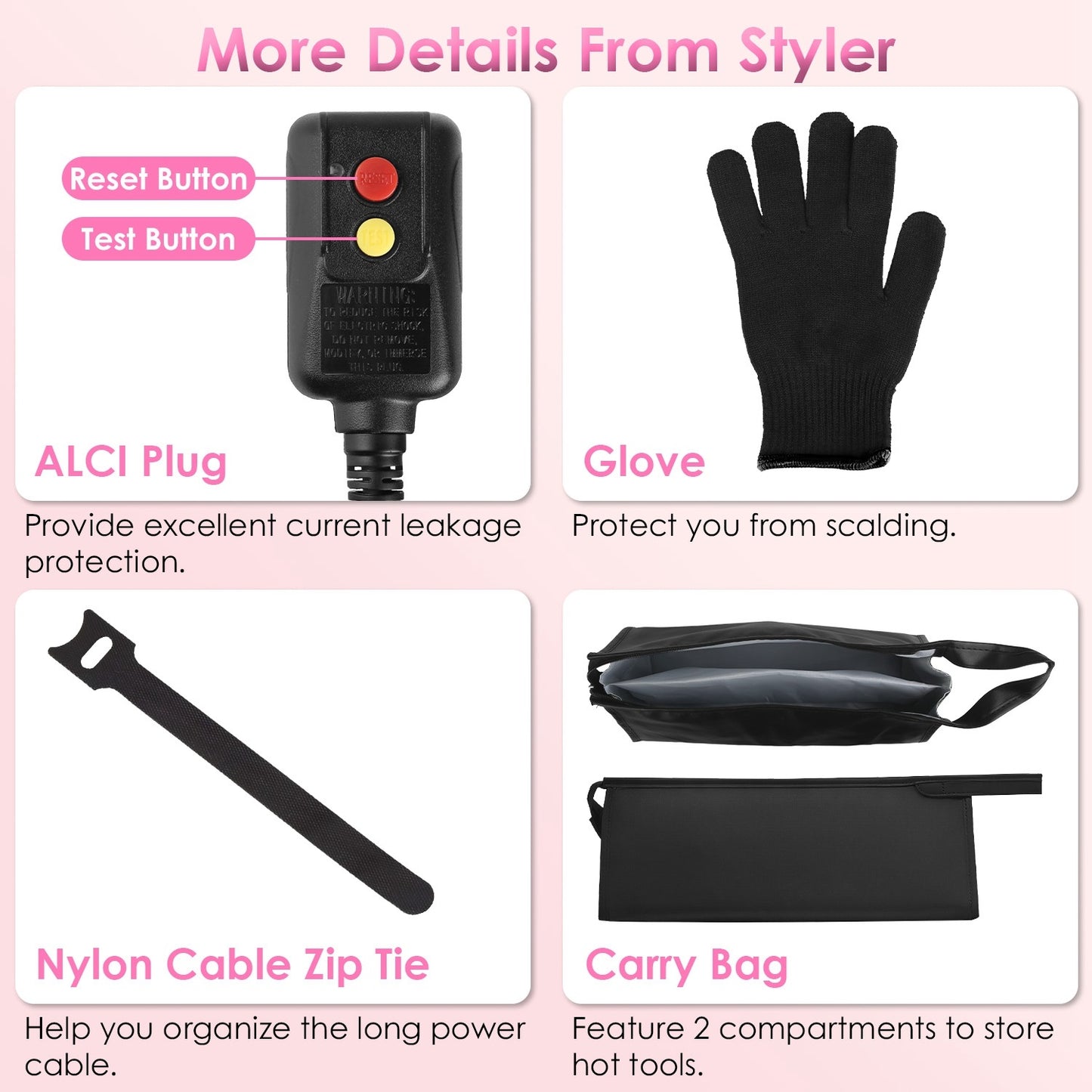 6-in-1 Hot Air Styler & Volumizer Brush Set – Automatic Hair Dryer, Straightener, Curler with 3 Temperature Settings + ALCI Plug, Glove, Cable & Zip Tie