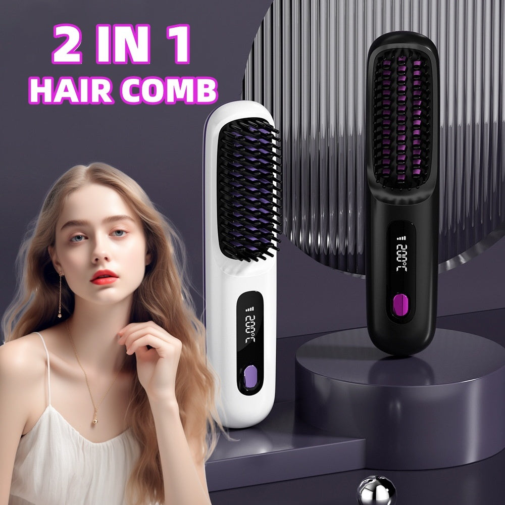 2-in-1 Wireless Hair Straightener & Curler Comb for Smooth, Frizz-Free Hair