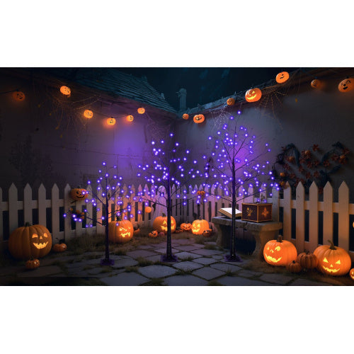 3 Pac Halloween Spooky Tree With Purple Lights, 4FT 5FT And 6FT, Lighted Black Tree For Halloween Decoration