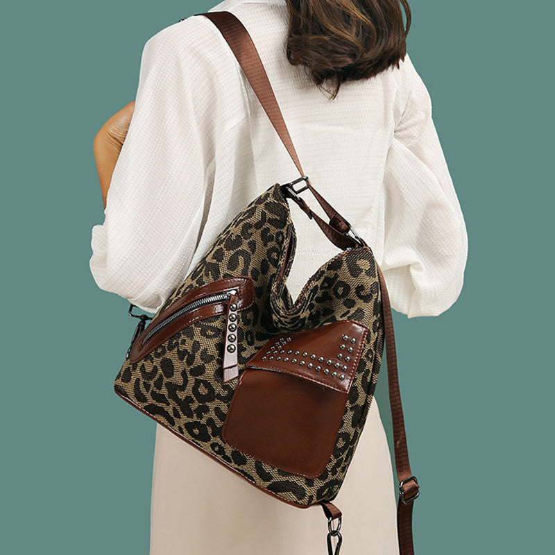 Houndstooth Backpack for Women – Fashion Rivet Design with Leopard Print Accents | Trendy Shoulder Bag