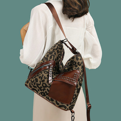 Houndstooth Backpack for Women – Fashion Rivet Design with Leopard Print Accents | Trendy Shoulder Bag