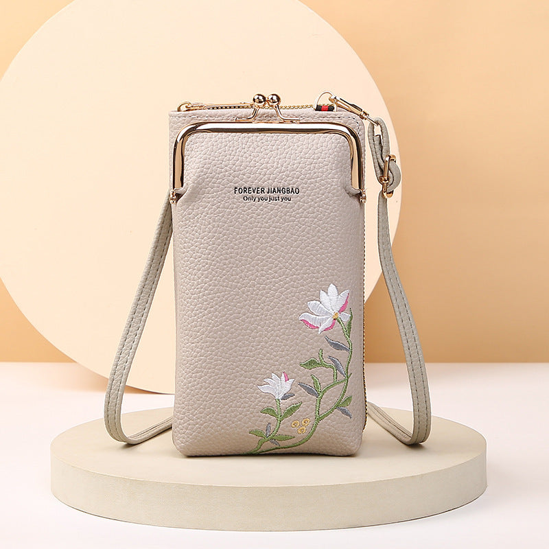 Women's Embroidered Phone Bag – Floral Long Wallet with Lock Buckle, Crossbody & Shoulder Style