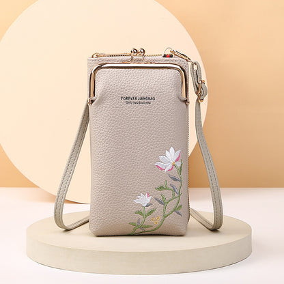Women's Embroidered Phone Bag – Floral Long Wallet with Lock Buckle, Crossbody & Shoulder Style