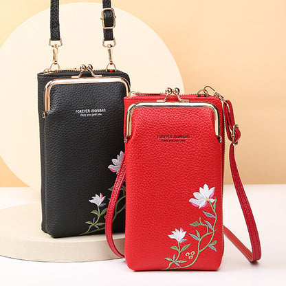 Women's Embroidered Phone Bag – Floral Long Wallet with Lock Buckle, Crossbody & Shoulder Style