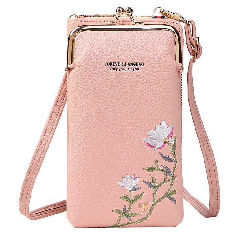 Women's Embroidered Phone Bag – Floral Long Wallet with Lock Buckle, Crossbody & Shoulder Style