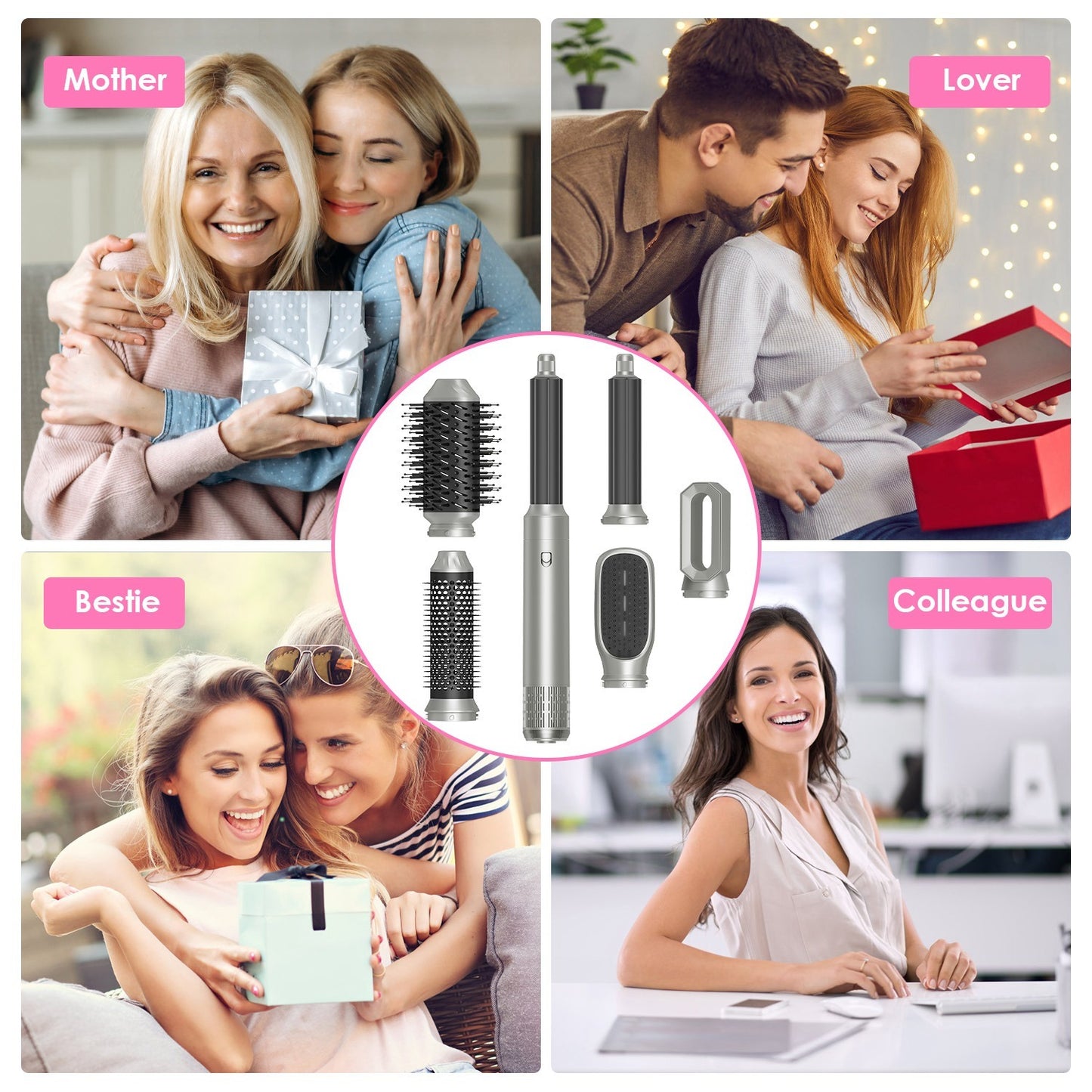 6-in-1 Hot Air Styler & Volumizer Brush Set – Automatic Hair Dryer, Straightener, Curler with 3 Temperature Settings + ALCI Plug, Glove, Cable & Zip Tie